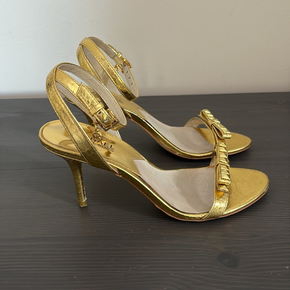 Michael Kors Livvy Ankle Heeled Sandals Strappy Metallic‎ Leather Gold Size 7.5 - Picture 14 of 14